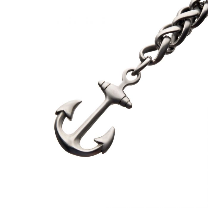 Stainless Steel and Antiqued Finish Anchor with Black Leather Chain Bracelet | INOX