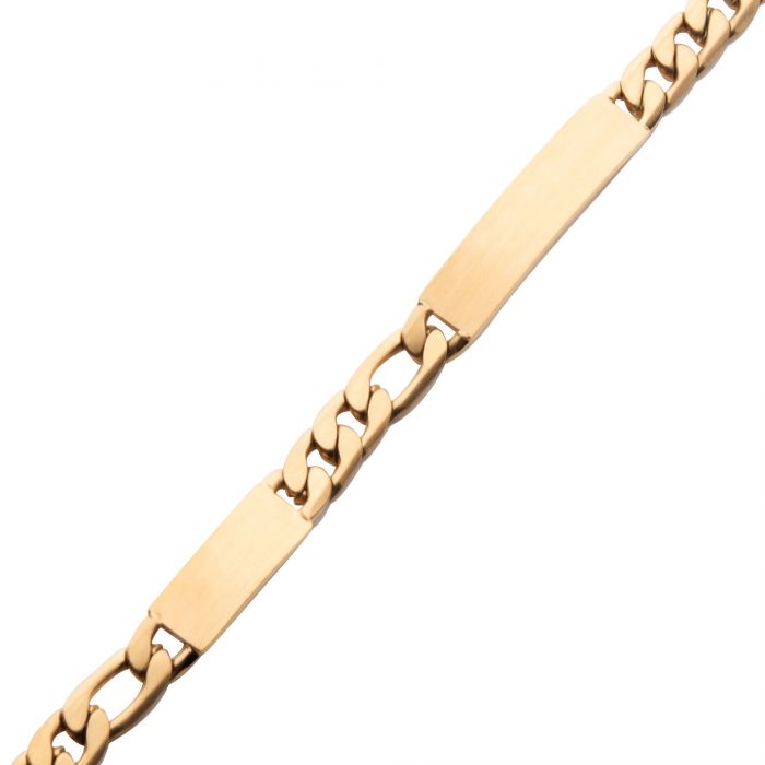 The Engravable ID Plate & Curb Chain Bracelet by INOX is a men's accessory featuring an 18K gold link chain with rectangular engravable ID plates evenly spaced along its length. The polished, shiny links combine large, flat rectangular sections with shorter, rounder connecting links, and the bracelet appears to be unfastened.