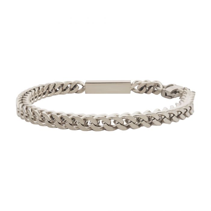 The INOX Stainless Steel Engravable ID Block with Franco Chain Bracelet | 8.5" is a sleek and modern bracelet featuring interlocked rectangular links in a polished silver finish. It boasts a minimalist design with a smooth surface and a rectangular clasp, making it perfect for personalization with its engravable ID block on this men's stainless steel bracelet.