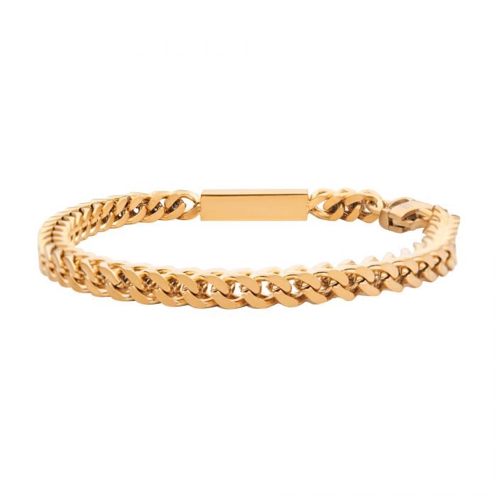 A close-up image of the INOX Engravable ID Block Bracelet, measuring 8.5 inches and crafted from 18K yellow gold. The Franco chain bracelet showcases interlocking links with a rectangular clasp prominently positioned at the top center. Its design is simple and elegant, making it ideal for both casual and formal occasions, set against a plain white background.