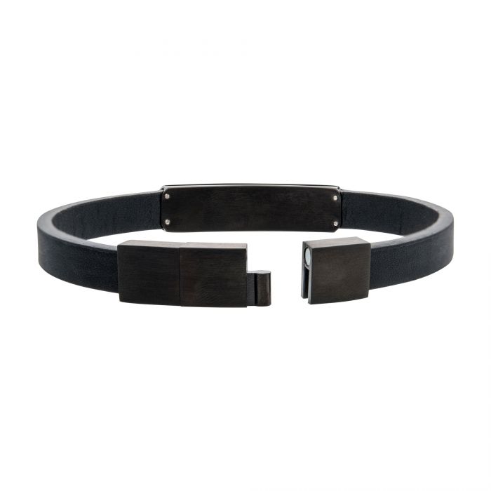 Men's Black Leather with Black IP Streamline ID Bracelet | 8.5" Adjustable