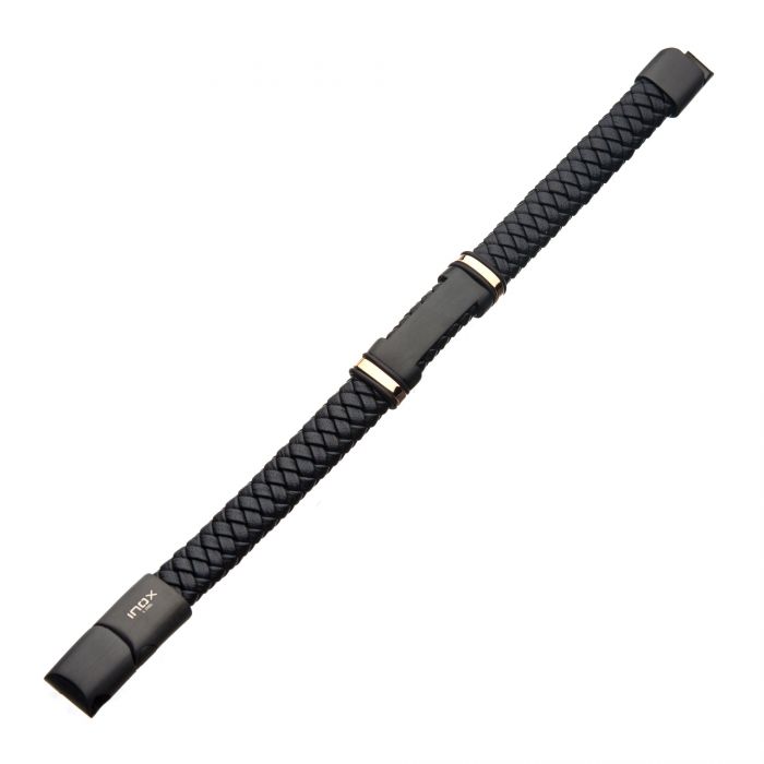 The INOX Men's Stainless Steel Black Leather with Rose Gold Plated ID Bracelet features a black, braided leather design with rose gold accents and a sleek, rectangular clasp. The design is simple and elegant, making it suitable for both casual and formal wear. This 8.75" adjustable bracelet appears to be flexible and comfortable for any wrist size.
