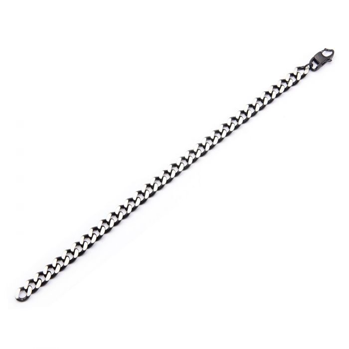 Introducing the Black IP Diamond Cut Chain Bracelet by INOX, a stylish men's accessory featuring alternating black and silver stainless steel links with a sleek, polished appearance. This bracelet includes a lobster clasp closure and is displayed flat against a white background, showcasing its refined design.