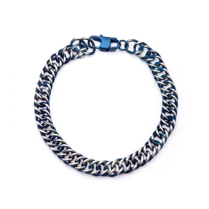 A close-up image of the Steel Blue IP Curb Chain Bracelet by INOX. This 8 1/2 inch Men's Stainless Steel Bracelet features tightly interlocked links with a blue hue and a matching clasp. The robust and masculine design showcases an elegant blend of steel and blue tones.