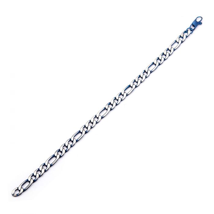 The Steel Blue IP Figaro Chain Bracelet by INOX, a men's stainless steel bracelet with oval-shaped links, featuring one link connected to a clasp, is displayed against a white background.