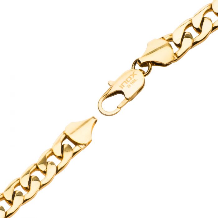 A close-up of the INOX Stainless Steel Gold IP Diamond Cut Curb Chain Bracelet, highlighting the intricate link design and the stainless steel lobster clasp mechanism.