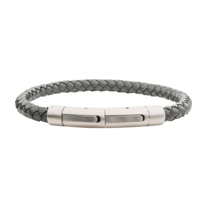 Introducing the 6mm Grey Genuine Leather Bracelet by INOX, a sleek and modern men's accessory featuring a gray braided genuine leather band and a silver-toned rectangular clasp. This minimalist, contemporary design is perfect for both casual and formal wear.