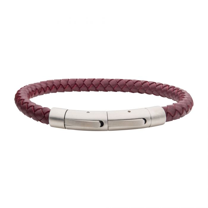 Shown is the 6mm Burgundy Genuine Leather Bracelet by INOX. This men's bracelet features a braided burgundy leather design paired with a sleek stainless steel clasp. The clasp has a polished metallic finish and a clean, minimalist design that beautifully contrasts with the textured leather weave of the bracelet.