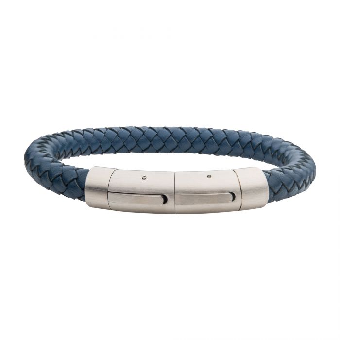 The INOX 8mm Blue Genuine Leather Bracelet is a stylish men's accessory, featuring a braided leather band and a sleek stainless steel clasp. Its modern and minimalist design makes it ideal for both casual and formal wear.