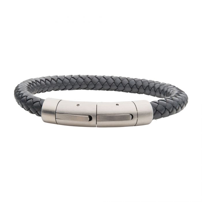 This image shows the 8mm Grey Genuine Leather Bracelet by INOX, featuring a braided grey leather design and a sleek stainless steel clasp. The Men's Bracelet from INOX has a modern, minimalist design and appears to be unisex, suitable for various casual and formal occasions.