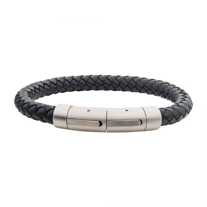 An 8mm Black Leather Bracelet by INOX, featuring a sleek silver cylindrical clasp, is displayed against a white background. The self-adjustable link design adds modern and minimalist appeal, making it suitable for both casual and formal wear.