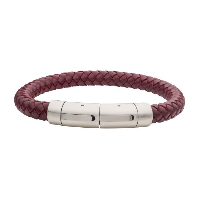Experience the elegance of the 8mm Burgundy Genuine Leather Bracelet by INOX, showcasing a thick, braided burgundy genuine leather band complemented by a sleek, brushed tubular press clasp. This clasp adds a modern and refined touch to the bracelet's design, making it the ideal minimalist yet sophisticated accessory for any occasion.