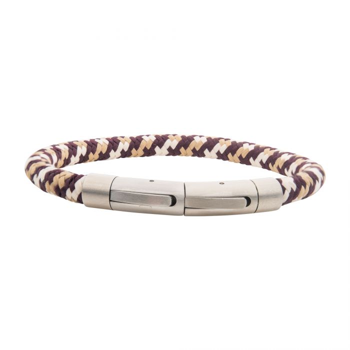 The INOX 6mm Nylon Cord Bracelet features brown, beige, and dark brown hues with a silver magnetic clasp, making it a stylish men's accessory. Length: 8.5-8".