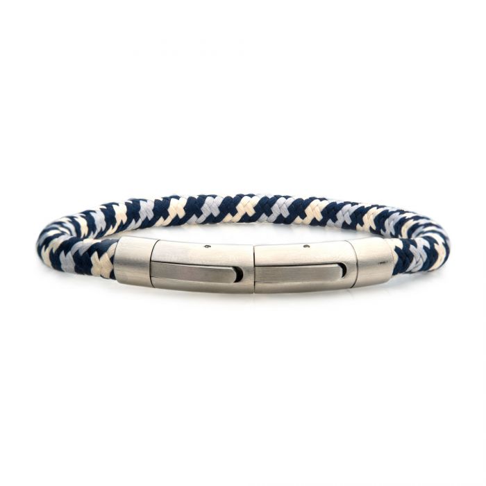Introducing the 6mm Blue, Grey and Beige Nylon Cord Bracelet by INOX—an elegant men's accessory made from a durable stainless steel bracelet intertwined with stylish navy blue and white nylon cord strands. The bracelet boasts a braided design and is secured with a tubular press clasp, adding an extra polished touch to complete the look. Available in lengths of 8.5-8 inches, this piece effortlessly blends sophistication and modern style.