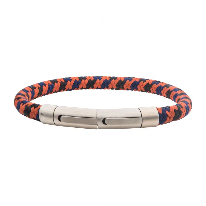The INOX 6mm Burnt Orange, Blue, and Black Nylon Cord Bracelet is an 8.5-8" accessory featuring a sleek brushed tubular press clasp. The intertwined nylon cords in vibrant burnt orange, blue, and black create a simple yet stylish design that's perfect for adding a pop of color to any outfit.
