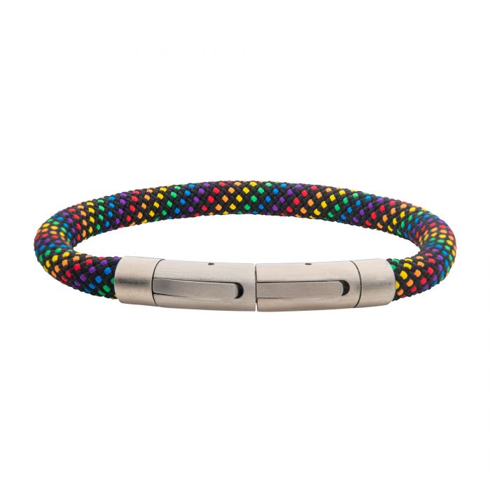 The 6mm Rainbow Nylon Cord Bracelet by INOX is a colorful woven men's bracelet featuring a mix of vibrant rainbow nylon cord. With a length of 8.5-8 inches, the bracelet boasts a cylindrical stainless steel clasp with a sleek, polished finish. Its simple yet eye-catching design makes it a bold accessory piece.