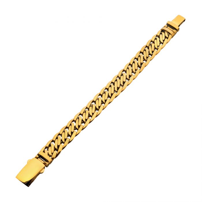 A close-up image of the Stainless Steel Gold Plated Double Helix Chain Bracelet by INOX, featuring curb link design and a fold-over clasp at each end. The gold-plated, stainless steel bracelet is laid out flat on a plain white background.