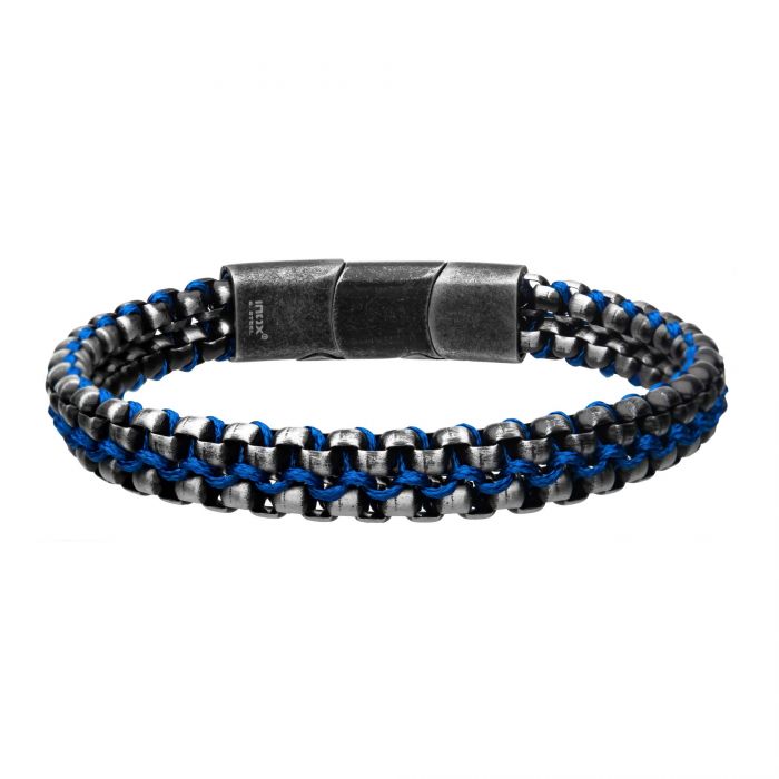 Introducing the Allegiance Stainless Steel Bracelet by INOX, a men's bracelet that features a dual-layered design with black and blue wax cord. The metallic clasp ensures a sturdy closure, giving it a rugged yet stylish appearance perfect for those who appreciate stainless steel craftsmanship.