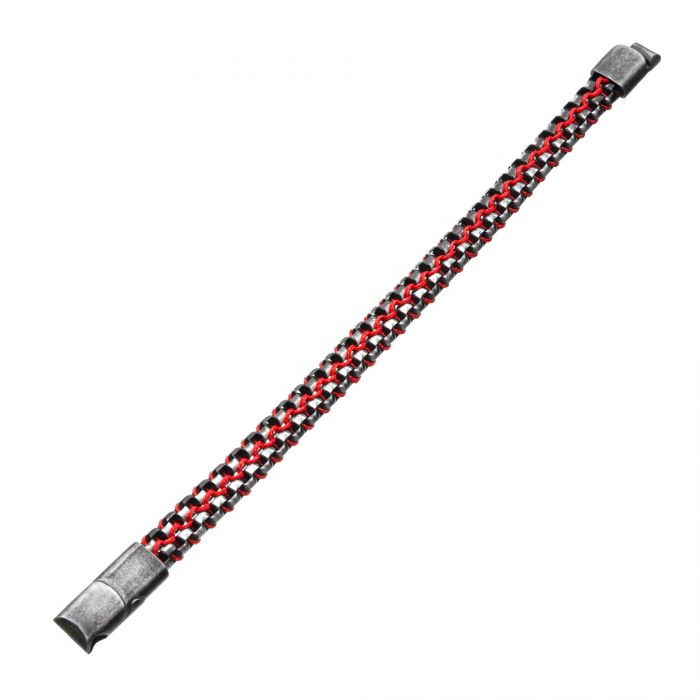 Introducing the Allegiance Red Stainless Steel Bracelet by INOX, featuring a woven design of black and red wax cords interspersed with antique brushed bold box links. The bracelet is finished with sturdy metal clasps at both ends.