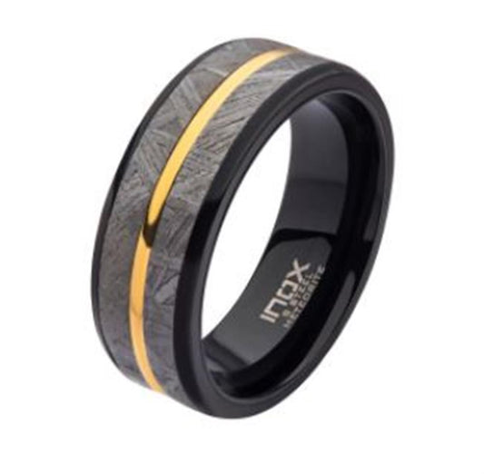 Men's Gold Plated & Meteorite Inlay Black Plated Ring. Size 10

Loca