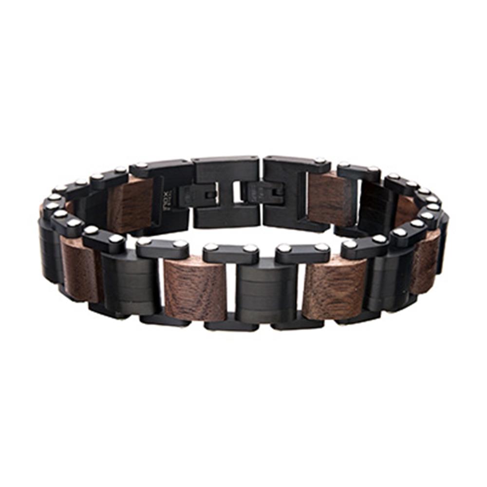 Men's Stainless Steel Black Plated with Walnut Wood Link Bracelet. 8 1