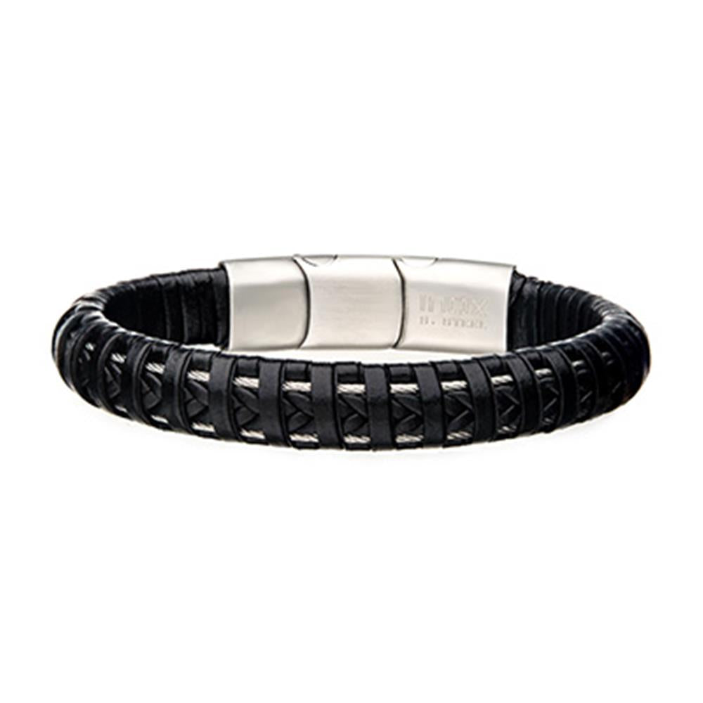 Men's Stainless Steel Clasp with Black Leather Bracelet. 8 1/2 inch lo