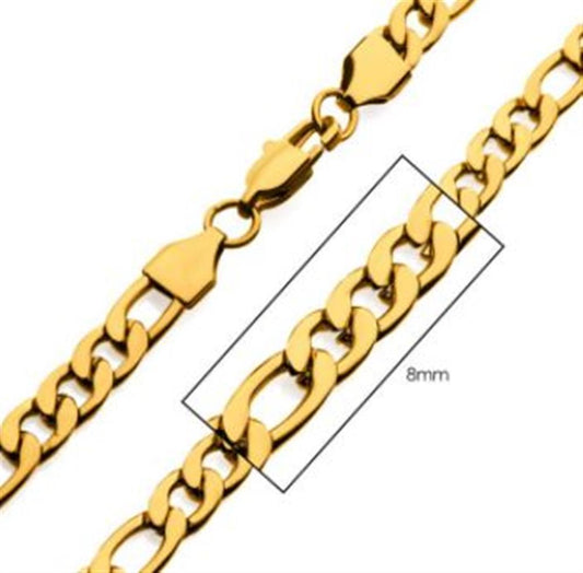 Close-up image of the INOX 8mm 18K Gold Plated Figaro Chain, highlighting a specific link in the men's stainless steel necklace. The chain, which is 20" long, features an emphasis on its 8mm width and is shown with a clasp attachment for closing.