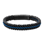 The Allegiance Stainless Steel Bracelet by INOX features a sophisticated black and blue braided design with intertwining strands of blue wax cord, creating a stylish two-toned look. The magnetic slide clasp ensures easy fastening, adding to its sleek and functional appeal.