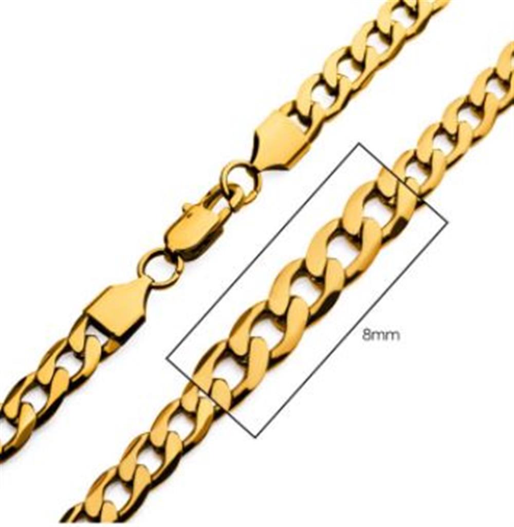 A close-up image of the 8mm 18K Gold Plated Bevel Curb Chain by INOX. The chain, designed with large interlocking links and a width of 8mm highlighted by a labeled rectangle, features a lobster clasp closure for secure wearing.