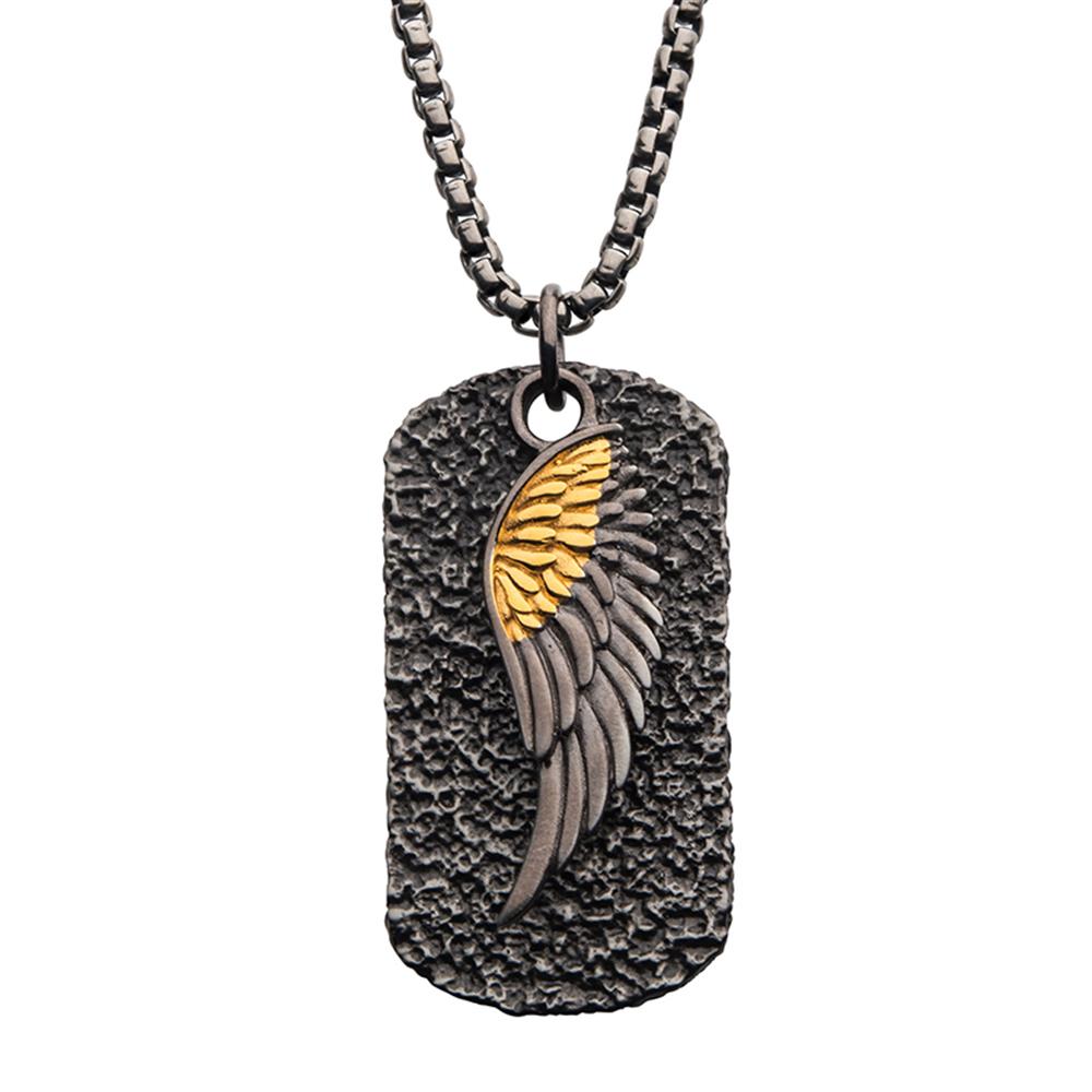 An elegant necklace by INOX featuring two pendants: a layered dog tag pendant in dark gun metal IP with a detailed wing design, where the top part is gold and the lower part is silver, hanging from an 18K gold plated, thick round box chain.