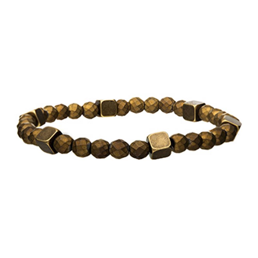 The Men's Gold Hematite with Antiquing Bracelet by INOX features small, faceted metallic gold and bronze-colored beads, interspersed with antique gold brass block elements, measuring 7 3/4 inches long.