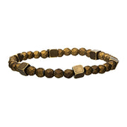 The Men's Gold Hematite with Antiquing Bracelet by INOX features small, faceted metallic gold and bronze-colored beads, interspersed with antique gold brass block elements, measuring 7 3/4 inches long.