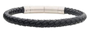 The 6mm Black Leather Bracelet by INOX features a sleek, black braided leather design with a minimalist, cylindrical silver metal clasp. Its elegant and understated style makes it a versatile accessory for various occasions and outfits.