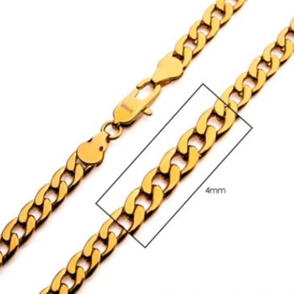 A close-up image of the 4mm 18K Gold Plated Classic Curb Chain by INOX, featuring a lobster claw clasp. The chain's links, which measure 4mm in width, are highlighted within a rectangular box. This men's stainless steel necklace exhibits a smooth and polished texture, showcasing its classic curb chain design in a 20-inch length.