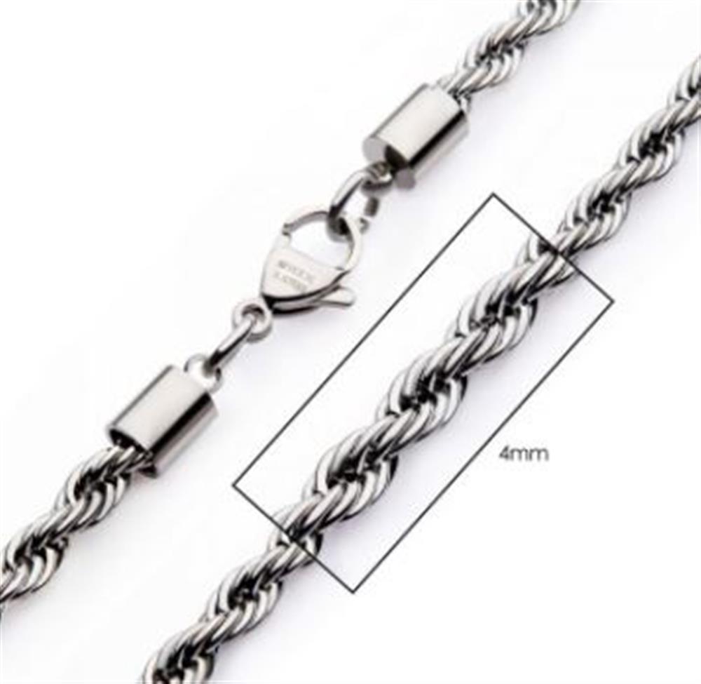A close-up view of the 4mm Steel Rope Chain by INOX, showcasing its silver finish and lobster clasp closure. A box highlights a section of the chain, indicating it is 4mm in thickness. The men's necklace features tightly interwoven links and cylindrical end caps.