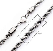 A close-up view of the 4mm Steel Rope Chain by INOX, showcasing its silver finish and lobster clasp closure. A box highlights a section of the chain, indicating it is 4mm in thickness. The men's necklace features tightly interwoven links and cylindrical end caps.