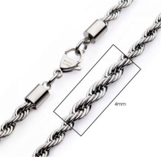 A close-up view of the 4mm Steel Rope Chain by INOX, showcasing its silver finish and lobster clasp closure. A box highlights a section of the chain, indicating it is 4mm in thickness. The men's necklace features tightly interwoven links and cylindrical end caps.