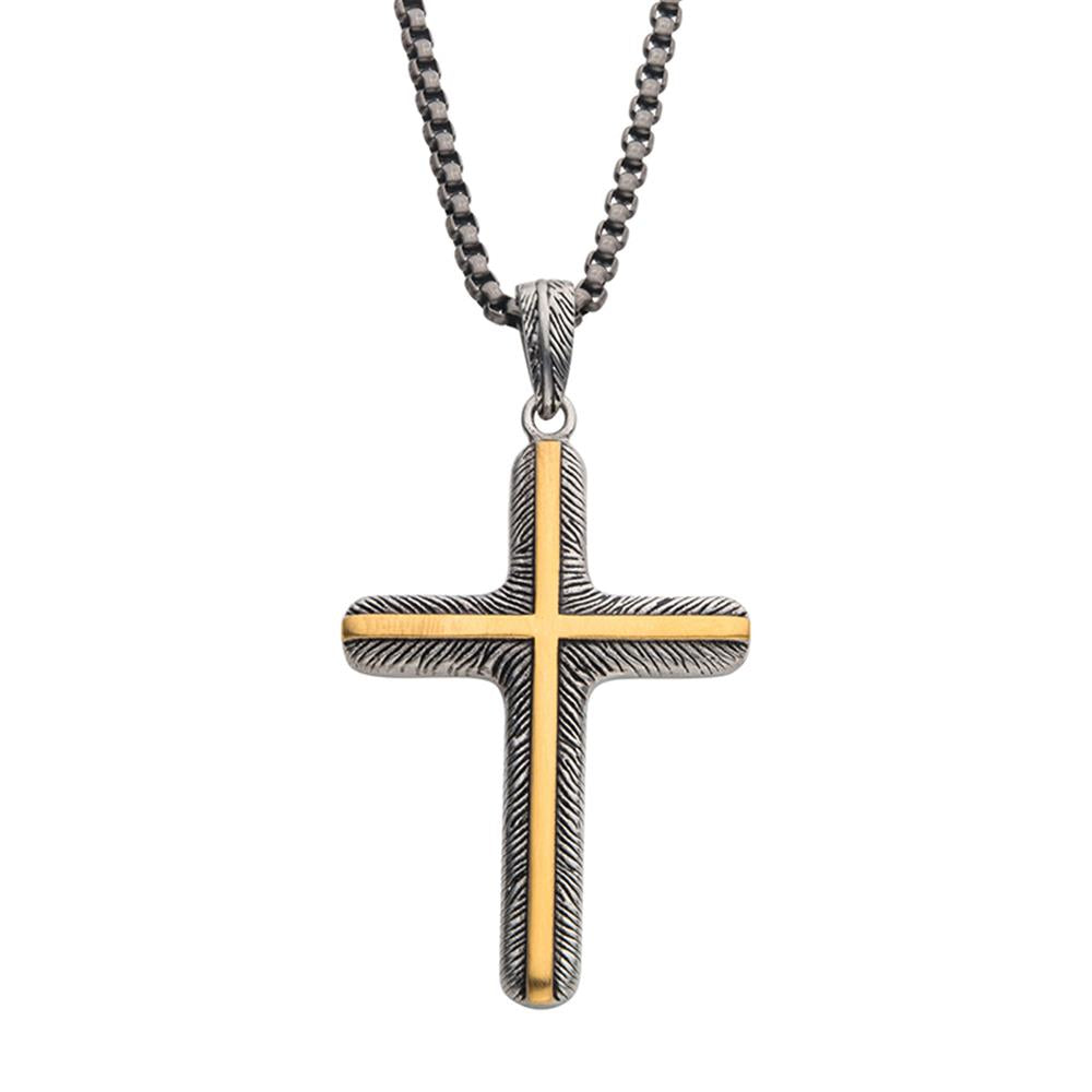18K Gold Plated Inlay & Gun Metal Plated Cross Pendant | 24" | INOX