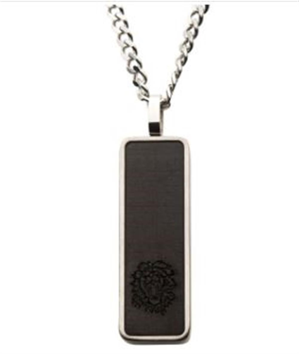 A striking Carbon Fiber & Steel Dog Tag Pendant by INOX, featuring a rectangular design with a black centered plaque and an intricate embossed lion at the bottom. This men's pendant comes with a 24-inch steel curb chain that perfectly complements its rounded edges and sleek, modern appearance.