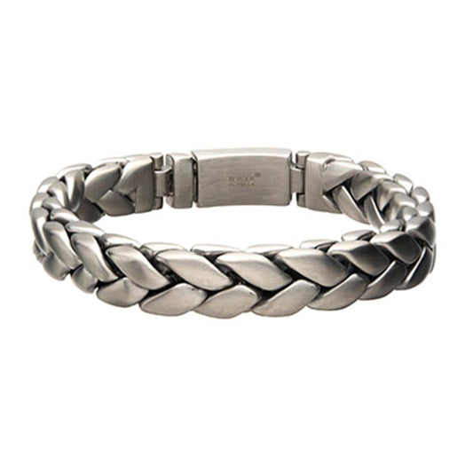 The Matte Stainless Steel Big Double Spiga Chain Bracelet by INOX boasts a sleek and thick interlocking pattern in a matte stainless steel finish. It features a solid single press clasp for secure fastening, offering a polished and modern design that is perfect for both casual and formal wear.