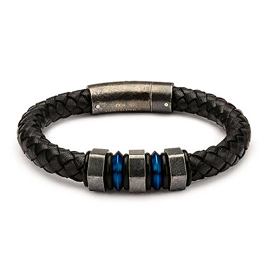 The INOX Men's Black Leather Bracelet with Blue IP and Gray Beads is a stylish accessory featuring a black braided band with metallic accents. Adorned with several silver-toned hexagonal beads, blue IP rings, and gray beads for added color and texture, this bracelet also includes a sturdy metallic clasp to ensure it stays securely in place. Dimensions: 8 inches.