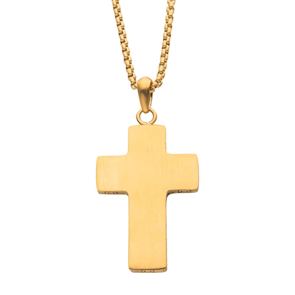 An 18K Gold IP cross pendant hangs from a matching gold chain. The men's Engravable Cross Necklace by INOX showcases a simple, smooth design with rounded edges and a polished finish. The stainless steel chain features small, rectangular links.