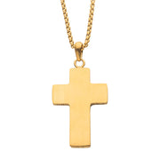 An 18K Gold IP cross pendant hangs from a matching gold chain. The men's Engravable Cross Necklace by INOX showcases a simple, smooth design with rounded edges and a polished finish. The stainless steel chain features small, rectangular links.