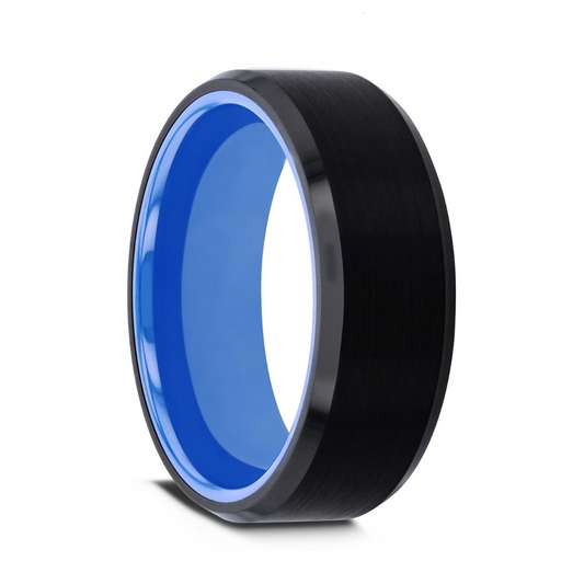 RIGEL Flat Beveled Edges Black Tungsten Ring with Brushed Center and V
