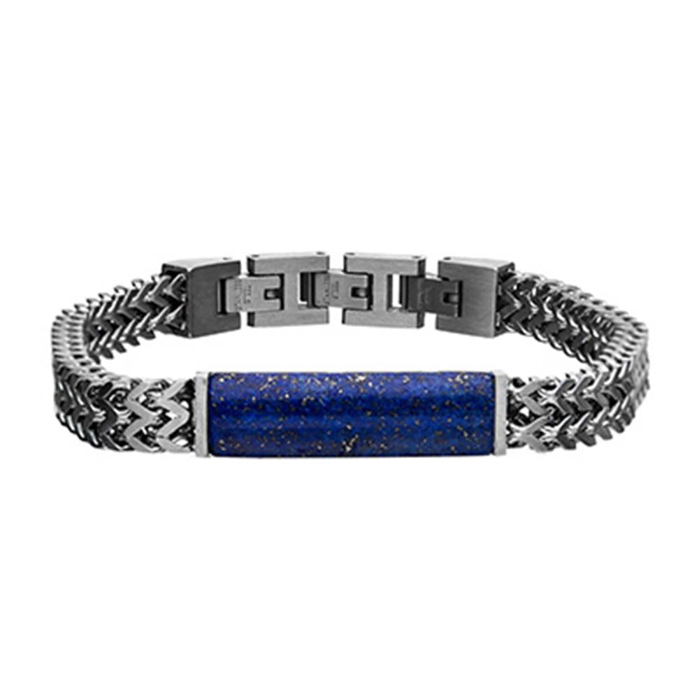 The INOX Stainless Steel Double Franco Chain with Lapis Stone ID Link Bracelet features a stylish zigzag-patterned chain and a rectangular blue speckled lapis stone centerpiece, interlocking links, and a secure clasp.