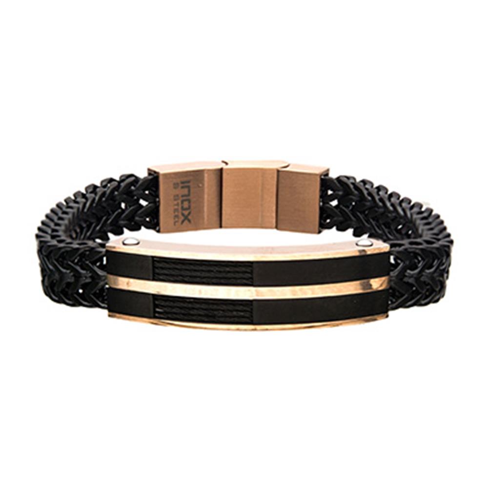 The INOX Men's Stainless Steel Bracelet features a black woven double Franco chain and a gold-toned clasp. The centerpiece showcases a matte black and rose gold-plated striped design with metal cables running through the middle, and the clasp is engraved with "INOX.