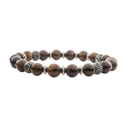 The INOX Men's 8.5mm Bronze Stones with Black Oxidized Beads Bracelet (7 1/2 in) features bronze stones interspersed with black oxidized beads. The circular bracelet is laid out on a white background, highlighting the texture and color variations of the beads.
