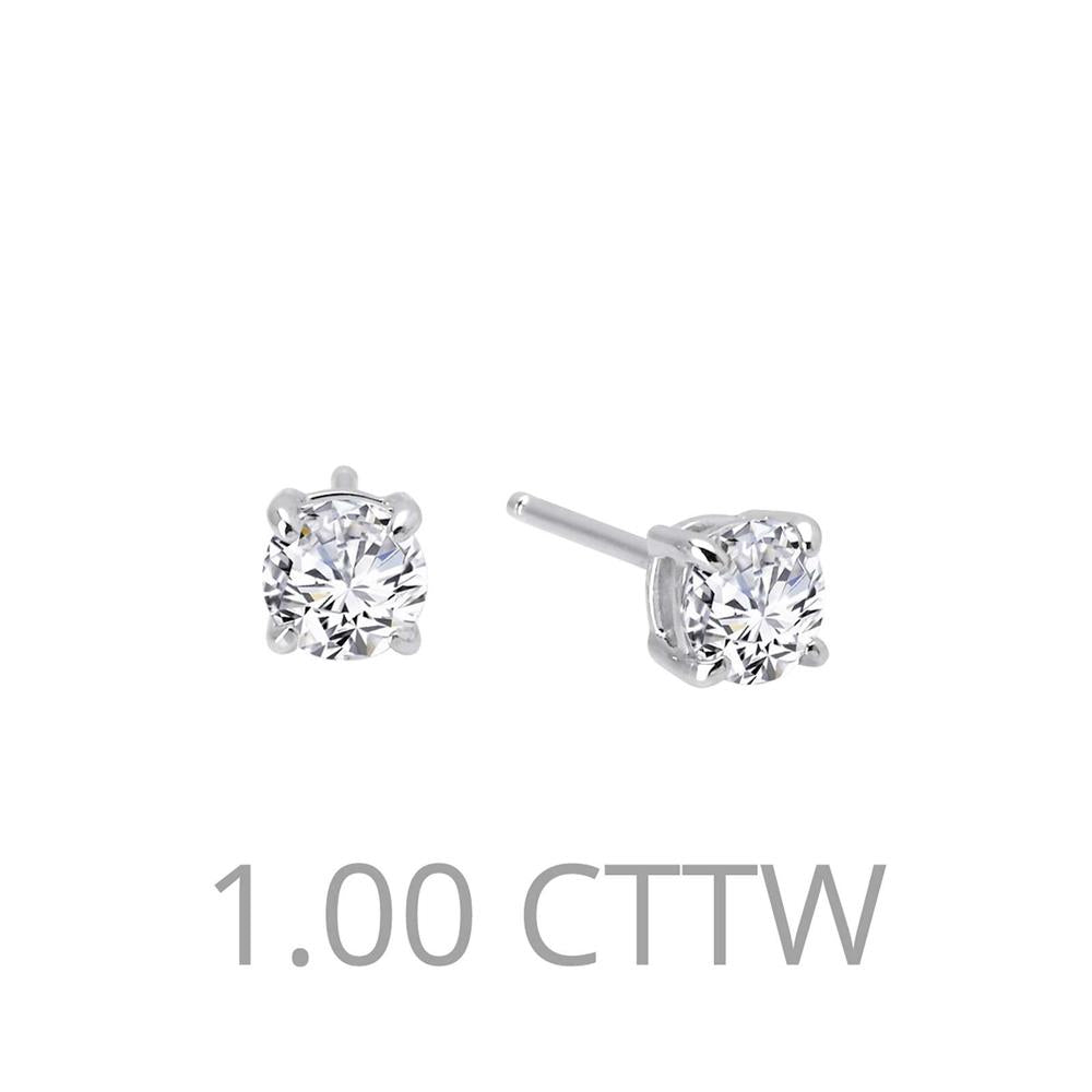 An image of the 1 Carat Diamond Stud Earrings by Lafonn, featuring round simulated diamonds set in prongs, placed against a white background. The total carat weight of the simulated diamonds is 1.00 CTTW, as indicated by the text below the earrings.
