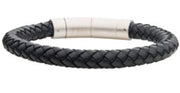 The image showcases the 8mm Black Leather Bracelet by INOX, featuring a braided genuine leather construction with a silver magnetic clasp. This unisex bracelet boasts a simple and elegant design, making it suitable for both casual and formal occasions.