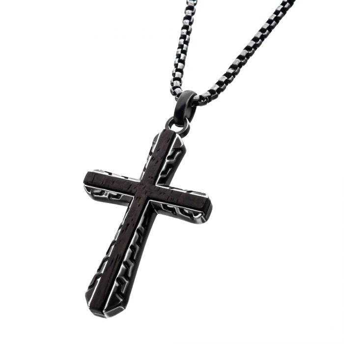 Antique Gun Metal Sepulchre Genuine Ebony Wood Inlayed Cross Pendant on Chain | INOX